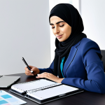 A professional Arab female health coach in a modest business suit, sitting at a modern office desk. The desk is cluttered with physical papers and an overflowing planner on one side, depicting her initial overwhelm. On the other side, a clean, modern tablet shows a perfectly organized digital calendar, reflecting clarity and efficiency. Her expression transforms from stressed to focused and relieved. Subtle, tasteful Arabic patterns adorn the background. Professional photography, natural lighting, high resolution, perfect anatomy, correct proportions, well-formed hands, natural body proportions, natural pose, fully clothed, modest clothing, appropriate attire, professional dress, safe for work, appropriate content, family-friendly.