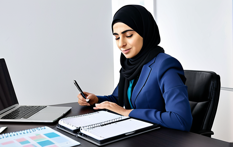 A professional Arab female health coach in a modest business suit, sitting at a modern office desk. The desk is cluttered with physical papers and an overflowing planner on one side, depicting her initial overwhelm. On the other side, a clean, modern tablet shows a perfectly organized digital calendar, reflecting clarity and efficiency. Her expression transforms from stressed to focused and relieved. Subtle, tasteful Arabic patterns adorn the background. Professional photography, natural lighting, high resolution, perfect anatomy, correct proportions, well-formed hands, natural body proportions, natural pose, fully clothed, modest clothing, appropriate attire, professional dress, safe for work, appropriate content, family-friendly.