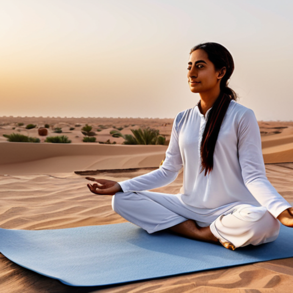 Modern Wellness Retreat**
"A serene and inviting modern wellness retreat in the Arabian desert at sunset. Focus on healthy lifestyle. A fully clothed Arab woman practices yoga on a rooftop terrace, overlooking the rolling sand dunes. Soft, warm lighting, natural colors, appropriate attire, family-friendly, safe for work, perfect anatomy, natural pose, high quality."
**