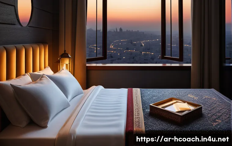 건강코칭의 학문적 기반 - A serene bedroom scene emphasizing healthy sleep habits for an Arabic adult man, featuring a comfort...