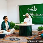 건강코칭의 중요성에 대한 연구 - A warm and inviting community health workshop scene set in a modern Middle Eastern cultural context,...