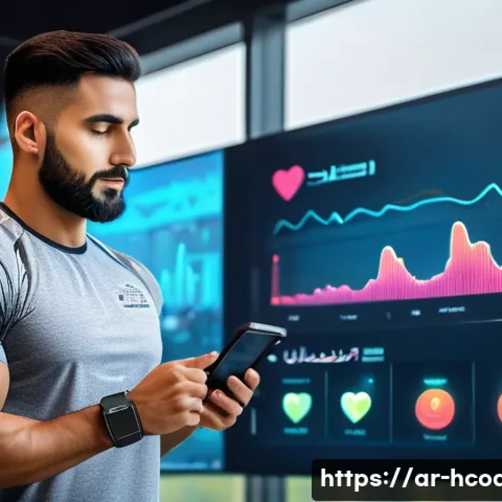 건강코칭 업계 동향 리포트 - A modern Arab fitness coach wearing smart casual sportswear and a smartwatch, analyzing personalized...