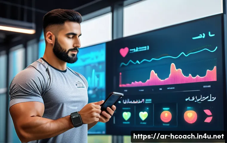 건강코칭 업계 동향 리포트 - A modern Arab fitness coach wearing smart casual sportswear and a smartwatch, analyzing personalized...