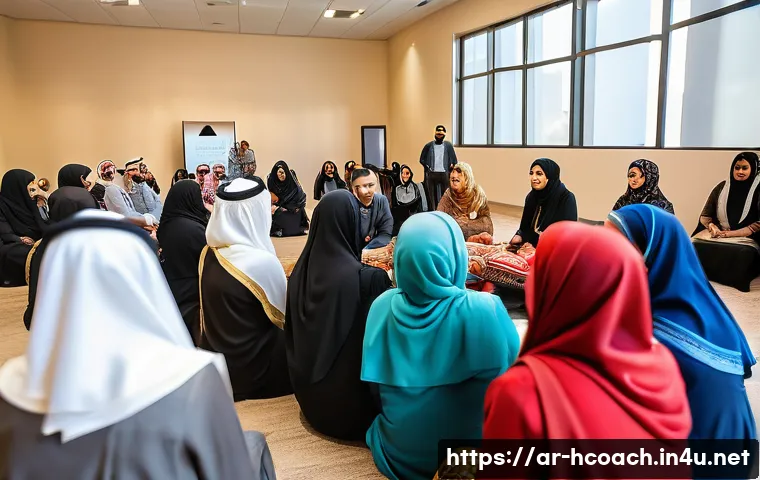건강코칭 워크숍 기획과 실행 - A vibrant and culturally rich scene of a diverse group of Arab women and men participating in an int...