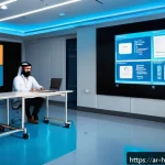 건강코칭 교육 후 진로 탐색 - A modern digital health training classroom in Saudi Arabia, featuring young Arab professionals weari...