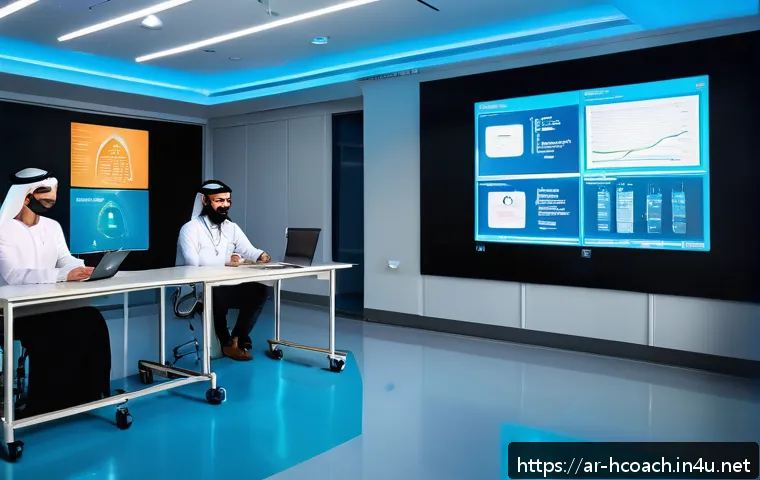 건강코칭 교육 후 진로 탐색 - A modern digital health training classroom in Saudi Arabia, featuring young Arab professionals weari...