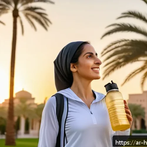 건강코칭 클라이언트 성공 사례 - A Middle Eastern woman in her mid-thirties wearing modest, comfortable sportswear and walking briskl...