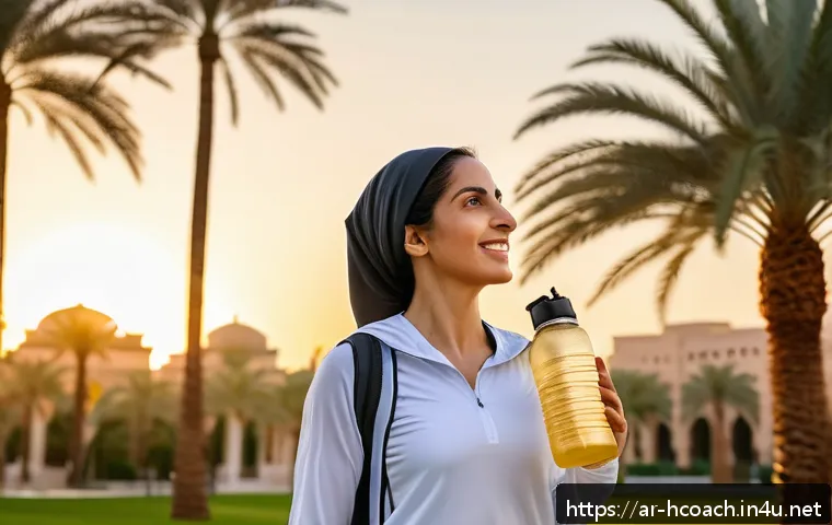 건강코칭 클라이언트 성공 사례 - A Middle Eastern woman in her mid-thirties wearing modest, comfortable sportswear and walking briskl...