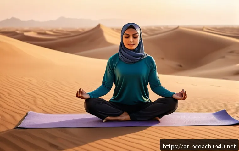 건강코칭과 피트니스 코칭의 차이 - A serene Middle Eastern woman practicing yoga outdoors during sunrise in a tranquil desert setting, ...