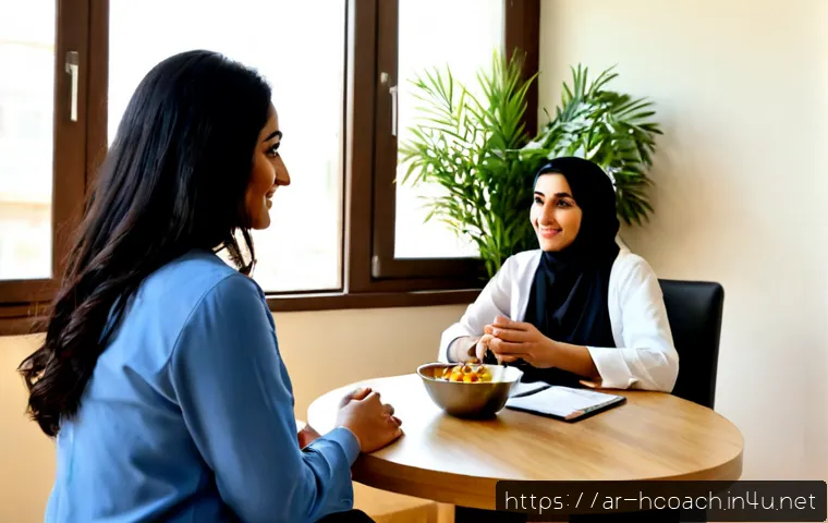 건강코칭에서 클라이언트 관계 맺는 법 - Photorealistic health coaching consultation in a calm modern clinic in an Arab city, a warm Arab fem...